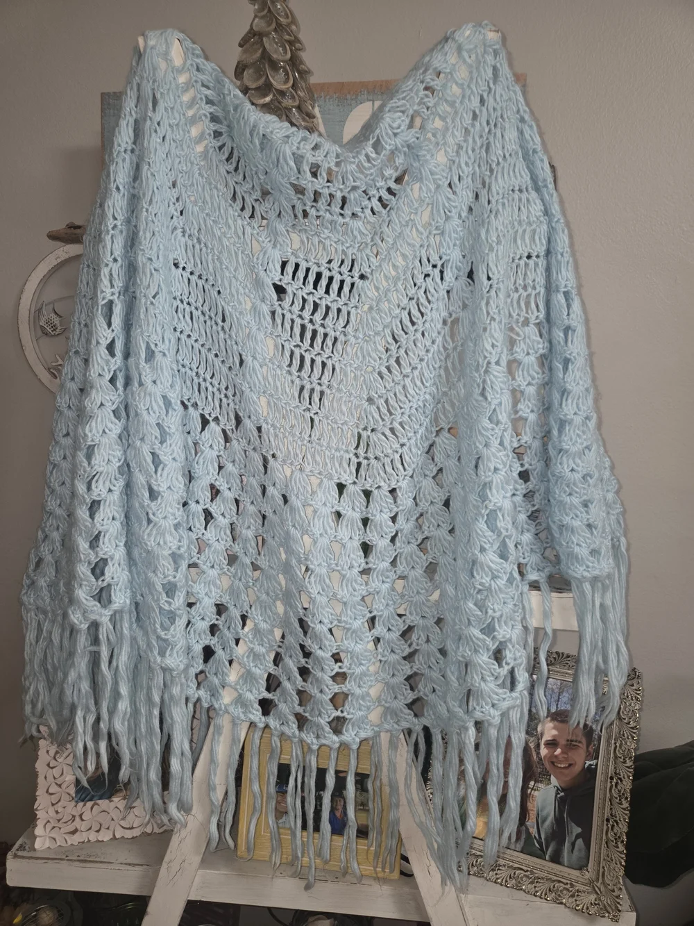 Handmade Knit Crochet Soft Triangle Shawl Turquoise Hippie Boho Large Bin O